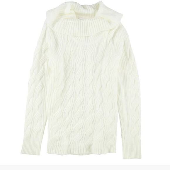 Calvin Klein Ivory Winter White Basket Weave Chain Knit Drape Neck Sweater sz L - Picture 15 of 15